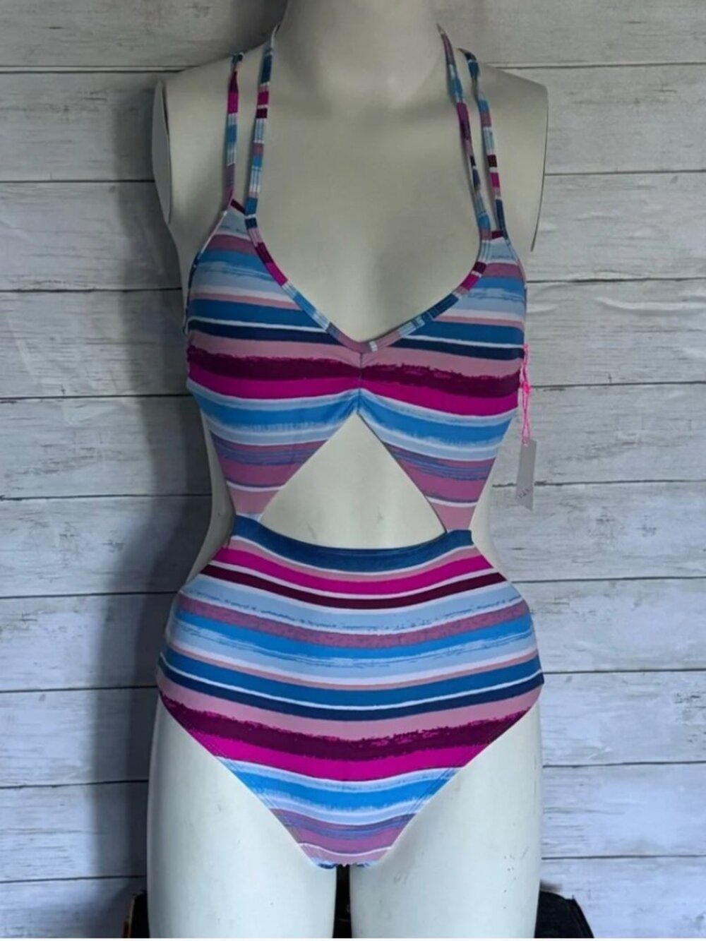 Vanilla Beach One Piece Swimsuit Womens Multi Stripe Cutout Criss Cross Size XS - Picture 2 of 9